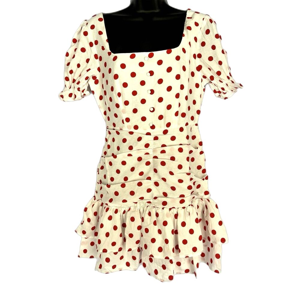 Revolve Endless Rose Puff Sleeve Ruffle Dress White Red Polka Dot Women’s Size M